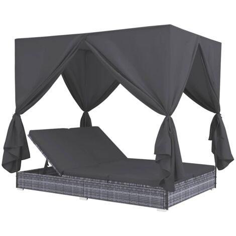 Vidaxl – Chaise longue double extérieure en résine tressée – Cadre acier enduit – Coussins épais 6 cm – Housse amovible – Rideaux pour intimité