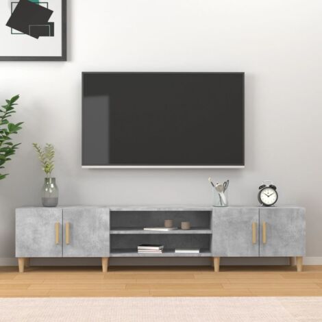 Vidaxl – Meuble TV gris béton 180x31,5x40 cm – Bois d'ingénierie résistant à l'humidité – 4 compartiments de rangement – Pieds en bois naturel (1/6)