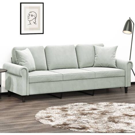 Vidaxl – Canapé droit 3 places velours gris clair 180 cm – Oreillers décoratifs inclus – Cadre métal robuste – Confort optimal (1/6)
