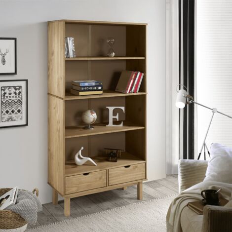 Vidaxl – Bibliothèque scandinave en bois massif de pin marron – 2 tiroirs – Dimensions 88 x 35 x 180 cm – 3 étagères pour rangement optimal (1/5)