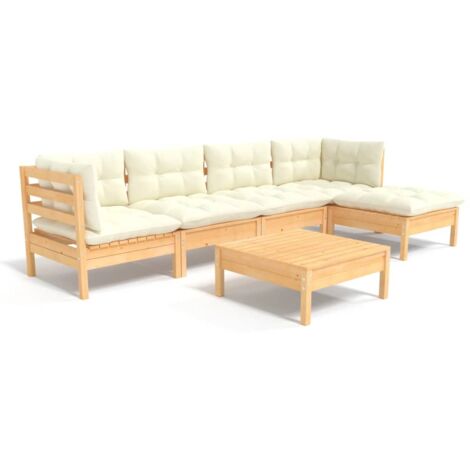 Salon de jardin 6 pcs avec coussins crème bois de pin vidaXL (1/7)