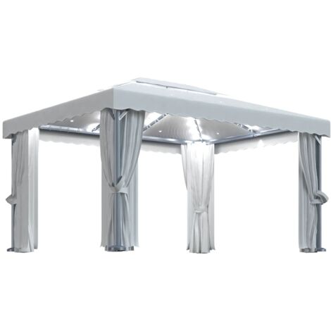Vidaxl – Tonnelle 4x3 m avec rideaux et guirlande lumineuse LED – Aluminium et polyester – Hydrofuge et anti-UV – Blanc crème (1/5)