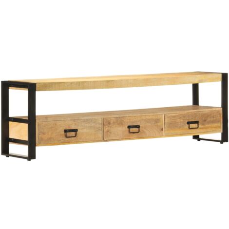 Vidaxl – Meuble TV en bois de manguier 150x30x45 cm – 3 tiroirs – Design rustique – Cadre en acier robuste – Unique et fait main (1/7)