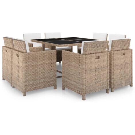 Vidaxl – Ensemble table et chaises de jardin 9 pcs – Résine tressée beige – Table carrée 109x109cm avec verre trempé – 8 chaises confortables avec coussins