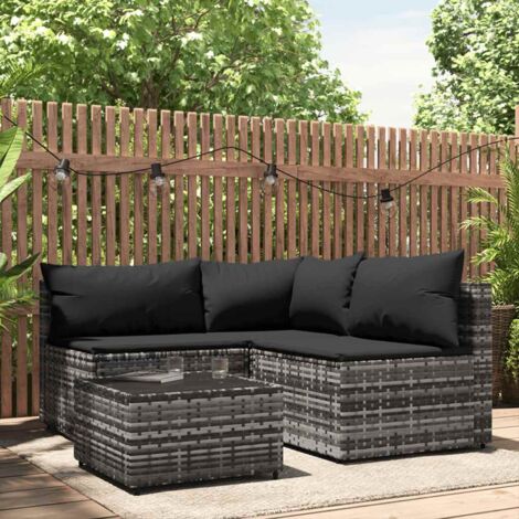Vidaxl – Salon de jardin 4 pcs avec coussins gris – Résine tressée résistante aux intempéries – Table basse en verre trempé – Conception modulaire