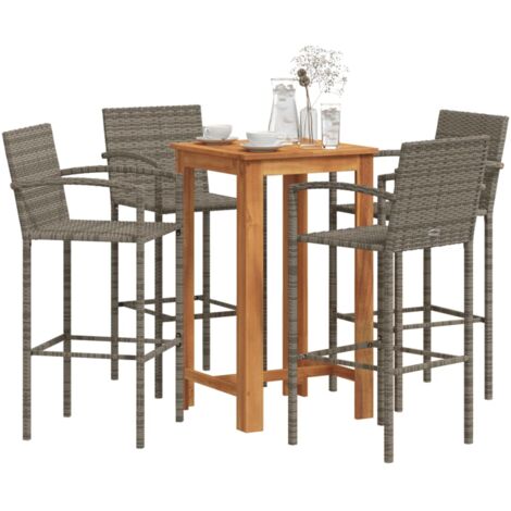 vidaXL 5 Piece Garden Bar Set Grey Solid Wood Acacia and Poly Rattan (1/5)
