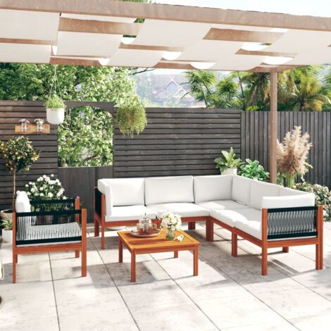 vidaXL Salon de jardin 7 pièces avec coussins, bois d'acacia crème et corde