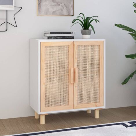 Vidaxl – Buffet blanc 60x30x70 cm en bois de pin massif et rotin naturel – 2 compartiments de rangement – Design élégant pour intérieur moderne (1/5)