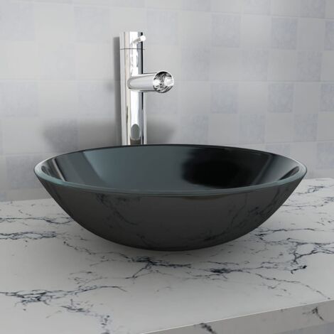 Vidaxl – Lavabo en verre trempé noir 42 cm – Vasque à poser au-dessus du comptoir – Épaisseur 1,2 cm – Diamètre trou de vidange 4,5 cm