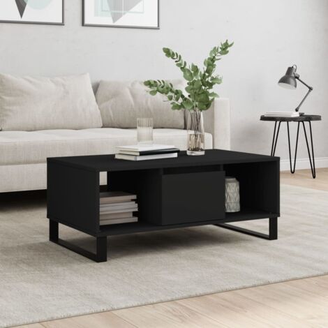 Vidaxl – Table basse fixe noire 90x50x36,5 cm – Bois d'ingénierie résistant à l'humidité – Tiroir et 2 compartiments de rangement – Pieds en métal modernes (1/6)