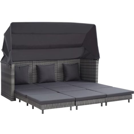Vidaxl – Canapé-lit extensible 3 places avec toit en résine tressée – Dimensions 200 x 185 x 70 cm – Coussins confortables inclus – Résistant aux intempéries