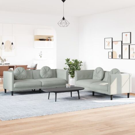 Vidaxl – Ensemble de canapés 2 pcs velours gris clair – 1 canapé 2 places 173,5x77x70cm – 1 canapé 3 places 193,5x77x70cm – 4 oreillers ronds