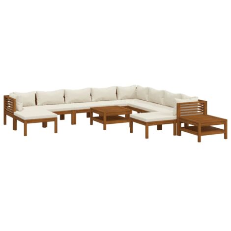 Salon de jardin 12 pcs avec coussin crème Bois d'acacia solide vidaXL