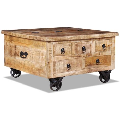 Vidaxl – Table basse fixe en bois de manguier brut 70 x 70 x 40 cm – 5 tiroirs – 4 roulettes pour déplacement facile – Style vintage