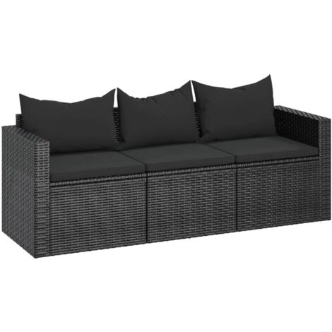 Vidaxl – Canapé de jardin 3 places – Résine tressée noire – Coussins amovibles – Cadre en acier enduit de poudre – Dimensions 176x64x60,5 cm