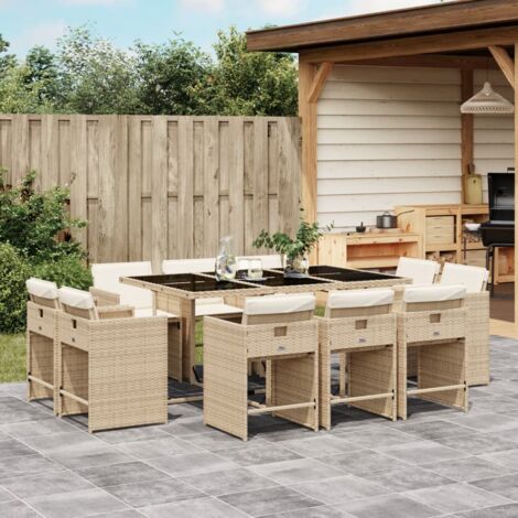 vidaXL Ensemble à manger de jardin et coussins 11 pcs beige poly rotin