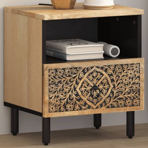 Vidaxl – Table de chevet en bois de manguier massif 40x33x46 cm – 1 tiroir – Pieds en fer – Motifs floraux sculptés à la main (1/6)