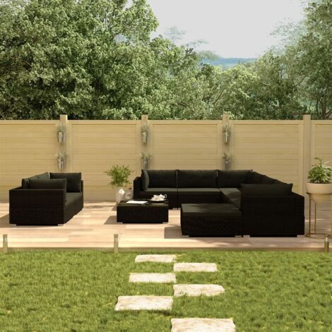 Minkurow – Salon de jardin 10 pcs en résine tressée noire – Coussins épais amovibles – Cadre en acier enduit de poudre – Table en verre trempé (1/5)