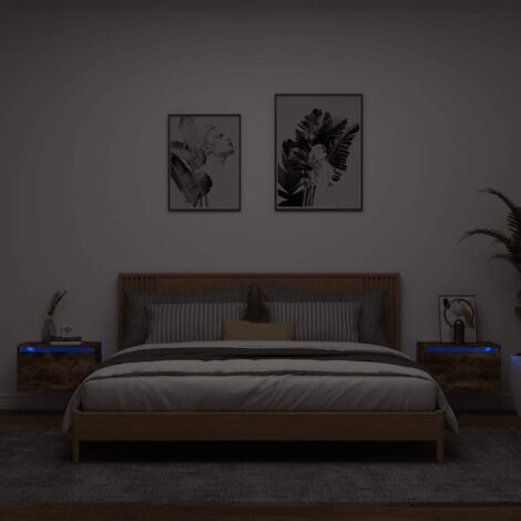 vidaXL Tables de chevet murales avec lumières LED 2 pcs chêne fumé