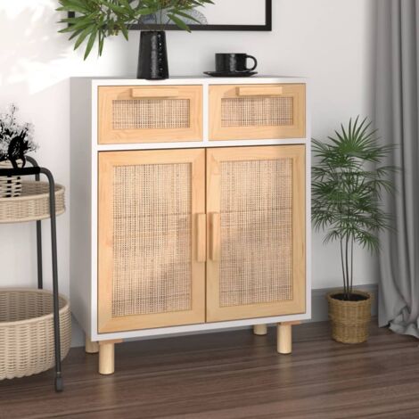 Vidaxl – Buffet blanc 60x30x75 cm en bois de pin massif et rotin naturel – 2 tiroirs et 2 compartiments – Résistance à l'humidité