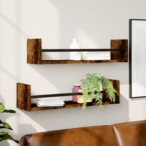 Étagères murales avec barres 2 pcs chêne fumé 60x16x14 cm vidaXL