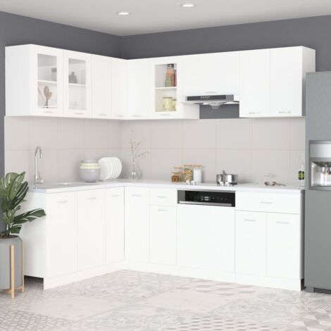 Vidaxl – Ensemble de 11 meubles de cuisine Lyon en bois d'ingénierie blanc – Armoire suspendue 60cm – Meuble bas à tiroirs 30cm – Vitrine suspendue 80cm