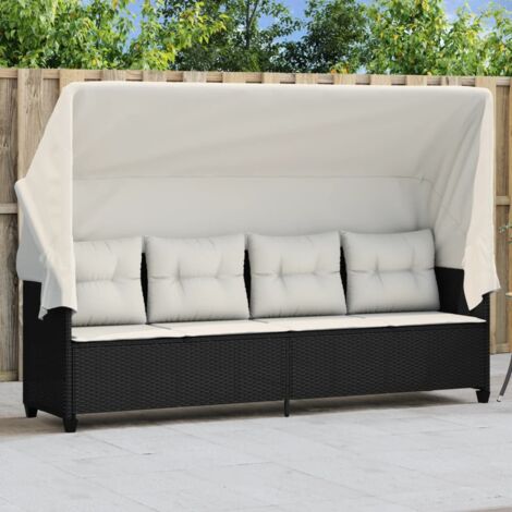 vidaXL Chaise longue avec auvent et coussins noir résine tressée (1/5)