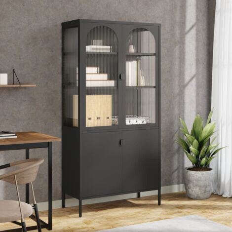 Vidaxl – Buffet haut noir 90x40x180 cm – Verre cannelé et acier enduit de poudre – Grand espace de rangement avec étagères réglables (1/6)
