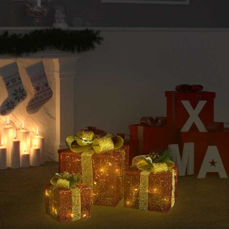Vidaxl – Boîtes-cadeaux décoratives de Noël 3 pcs – Tissu résistant et brillant – 60 LED blanc froid – Effets lumineux variés – Usage intérieur et extérieur (1/5)