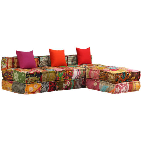 Vidaxl – Pouf modulaire 3 places patchwork en tissu coton – Dimensions 180x140x58cm – Rembourrage épais – 3 oreillers inclus