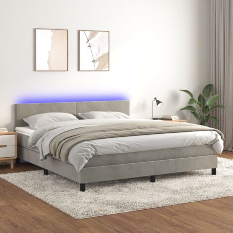 Jinlefu – Ensemble sommier tapissier avec matelas LED gris clair 180x200 cm – Matériau velours 100% polyester – Tête de lit réglable en hauteur