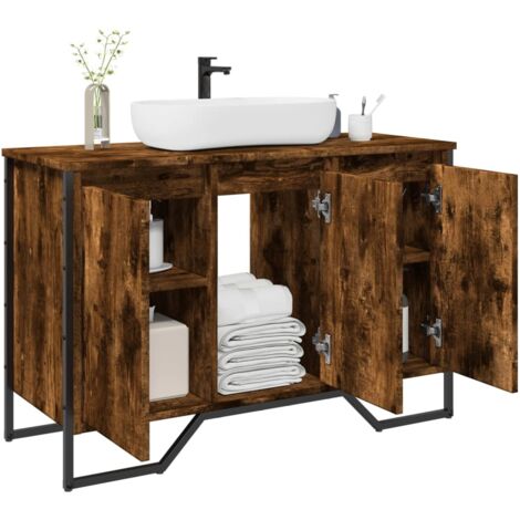 Vidaxl – Armoire lavabo salle de bain chêne fumé 91x35x60 cm – Bois d'ingénierie et métal – Fixation murale incluse – Grand espace de rangement