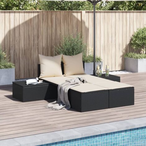 Vidaxl – Chaise longue double avec coussins – Résine tressée noire – Conception modulaire – Cadre en acier robuste – Pour extérieur (1/6)