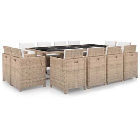 Vidaxl – Ensemble table et chaises de jardin 13 pcs – Résine tressée beige – Coussins amovibles en polyester – Table 225x109cm avec verre