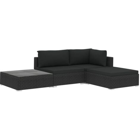 Vidaxl – Salon de jardin 4 places – Ensemble modulable en résine tressée noire – Coussins épais amovibles – Pour usage extérieur toute l'année