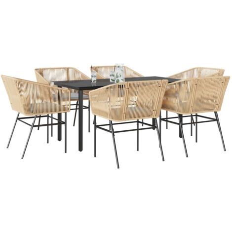 vidaXL Ensemble à manger jardin coussins 7pcs marron poly rotin verre