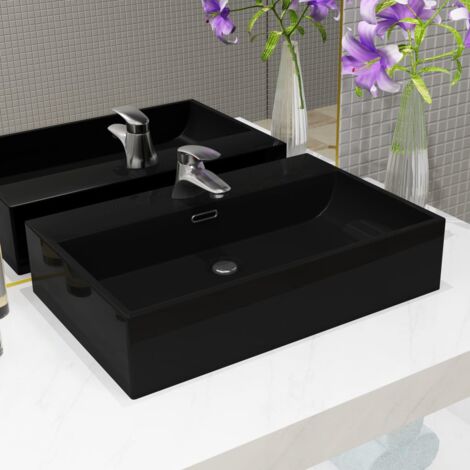 Vidaxl – Vasque à encastrer en céramique émaillée noire 76x42,5x14,5 cm – Avec trou de robinet et trop-plein – Installation murale ou au-dessus du comptoir