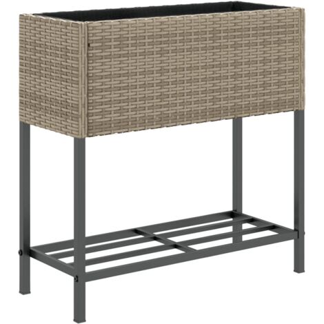 Vidaxl – Jardinière surélevée en poly rotin gris avec étagère – Résistante aux intempéries – Cadre en acier – Pour fleurs et plantes