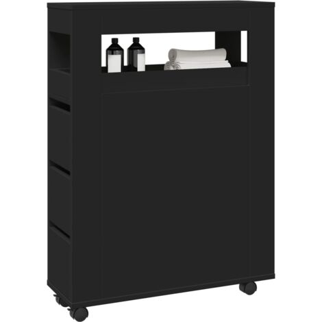 Vidaxl – Meuble étroit de salle de bain à roulettes noir 65x23x90 cm – Bois d'ingénierie – 4 roulettes dont 2 avec freins – Capacité 60 kg