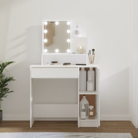 Vidaxl – Coiffeuse avec LED – Table de maquillage blanche 86,5x35x136 cm – Bois d'ingénierie résistant à l'humidité – Étagères ouvertes et tiroir (1/5)