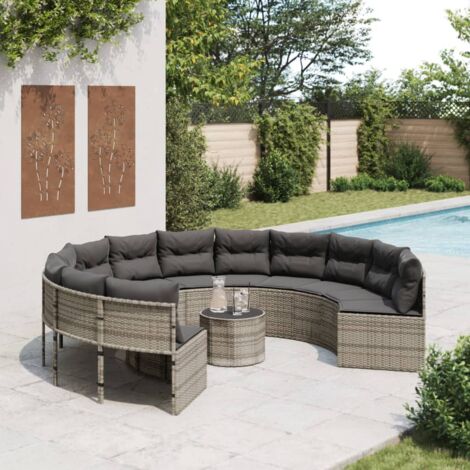 Vidaxl – Canapé de jardin rond en résine tressée gris – 4 places – Table basse avec verre trempé – Dimensions 287 x 70 cm – Coussins amovibles