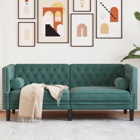 vidaXL Canapé Chesterfield avec traversins 2 places vert foncé velours