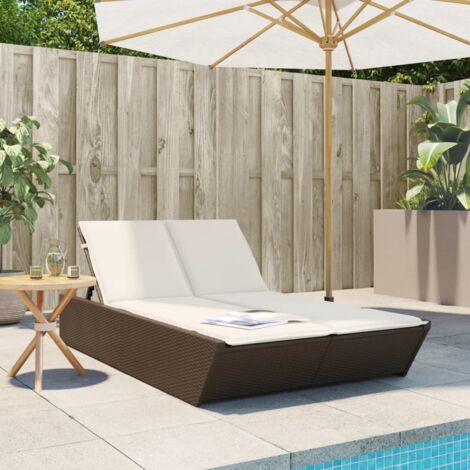 vidaXL Double Sun Lounger with Cushions Brown Poly Rattan