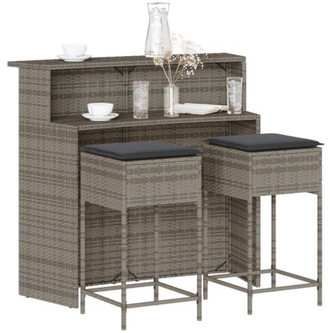 vidaXL 3 Piece Garden Bar Set with Cushions Grey Poly Rattan