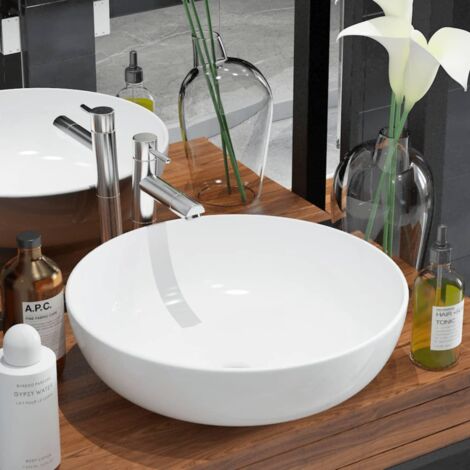 Vidaxl – Lavabo rond en céramique blanc 41,5 x 13,5 cm – Surface émaillée – Installation au-dessus du comptoir – Design élégant