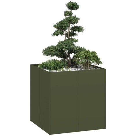 Vidaxl – Jardinière en acier vert olive 80x80x80 cm – Fond ouvert pour drainage optimal – Design moderne pour jardins et balcons