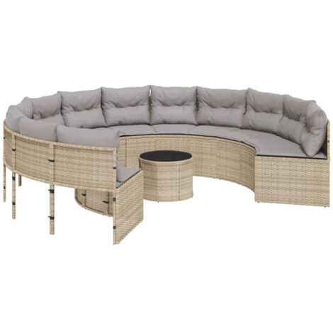 Vidaxl – Canapé de jardin rond 4 places – Résine tressée beige – Table basse en verre trempé – Coussins amovibles lavables