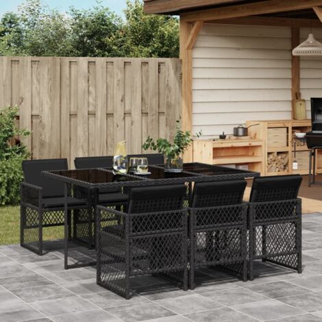 Vidaxl – Ensemble à manger de jardin 7 pcs – Résine tressée noire – Coussins épais – Table en verre trempé – Rangement compact sous la table