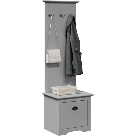 Vidaxl – Armoire de couloir BODO gris 50x40x157 cm – Bois de pin massif et métal – 3 crochets et tiroir avec poignée en métal