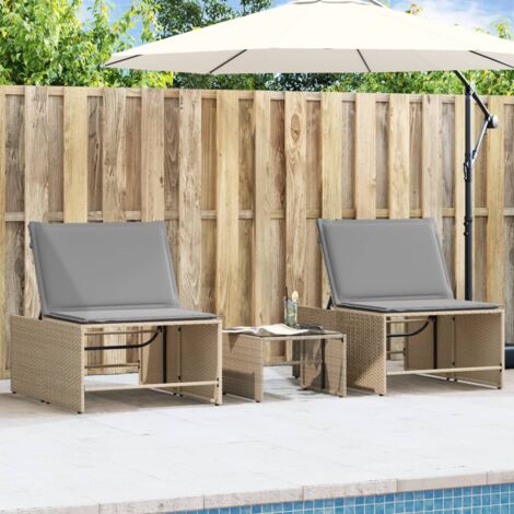 vidaXL Modular Sun Loungers 2 pcs with Table Beige Poly Rattan